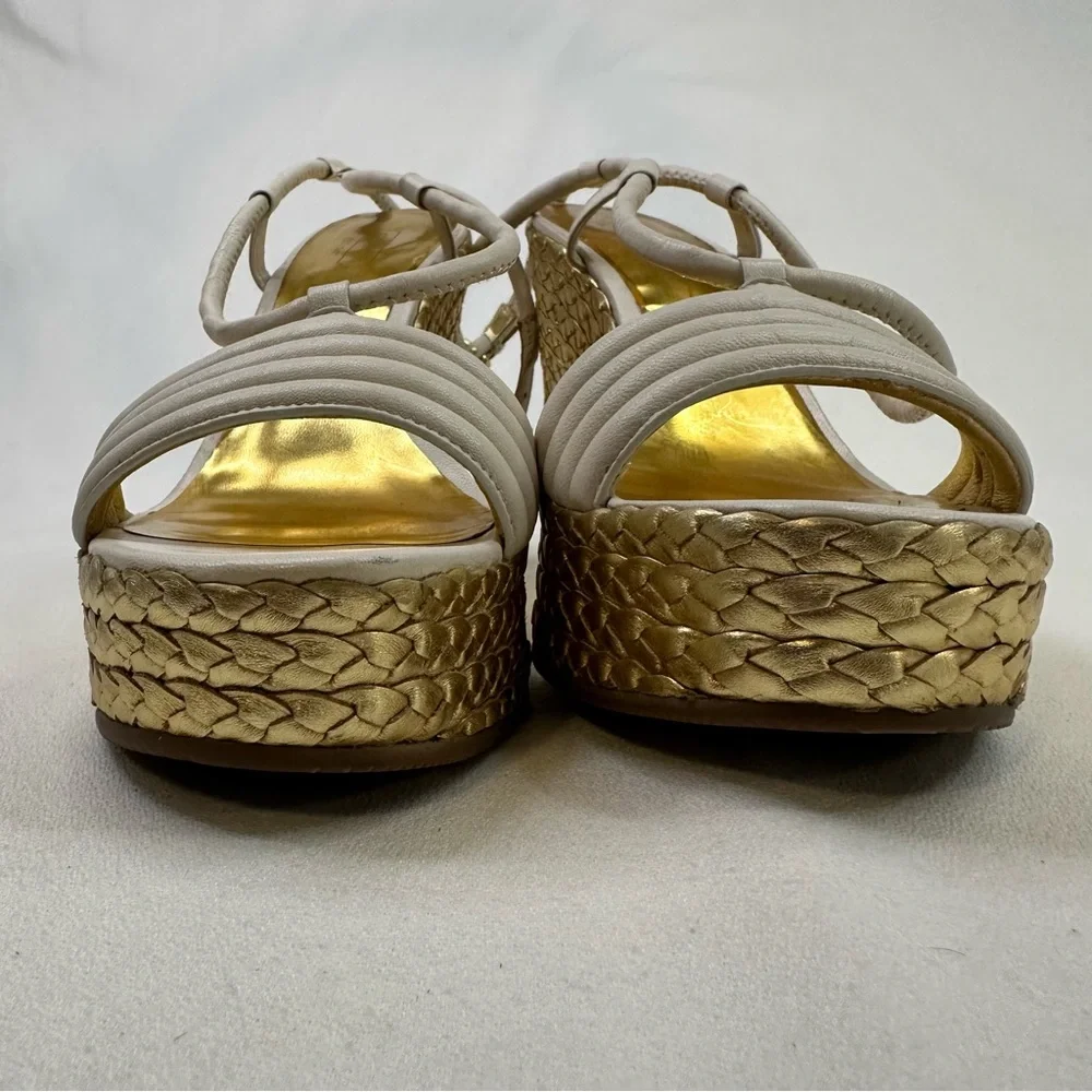 Coach Gold Woven Platform Wedge Sandals Size 8 Cream Leather Strappy